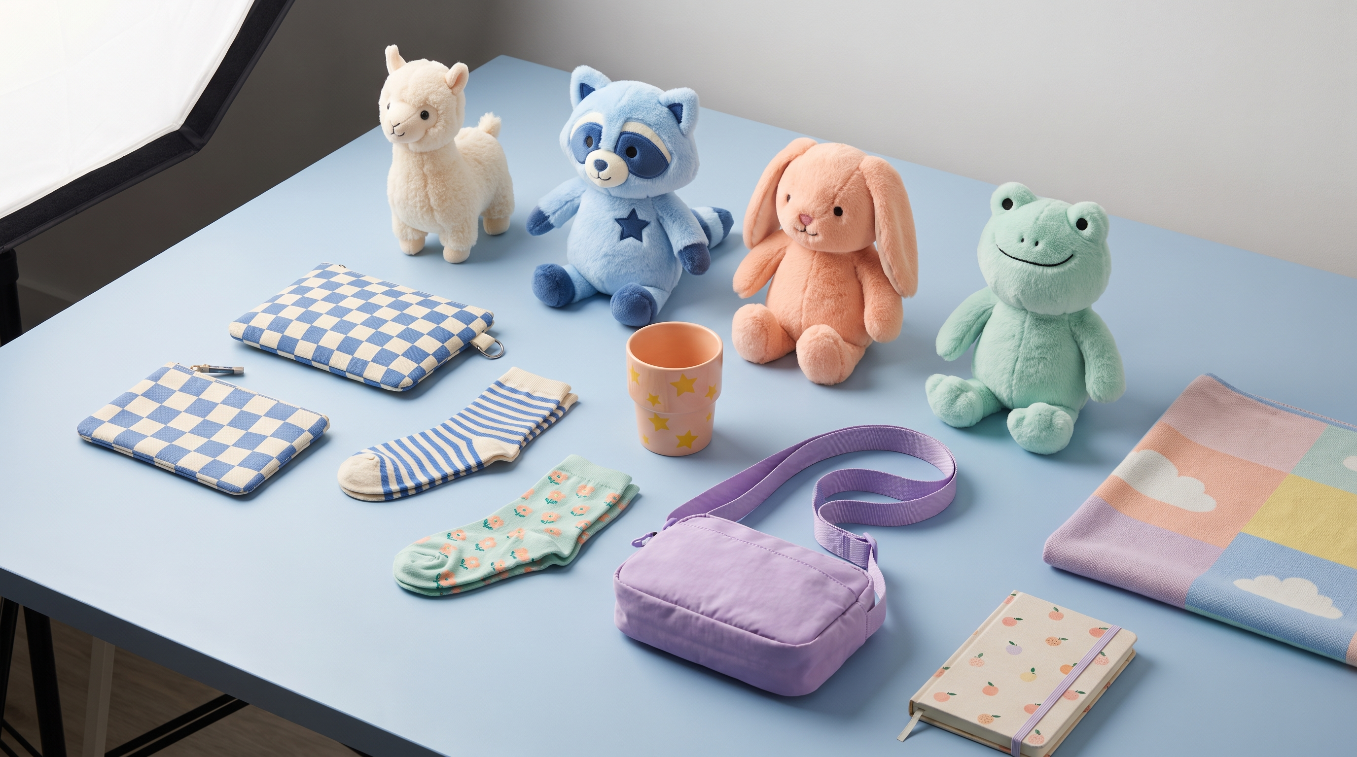 HelloLlamas collection with distinct animal friends, patterned socks, bags, drinkware, blanket and stationery