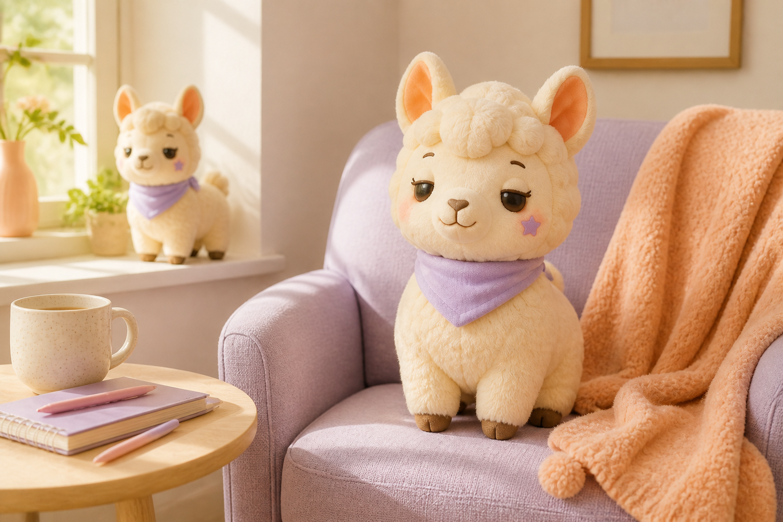A cozy reading nook featuring a HelloLlamas plush collection